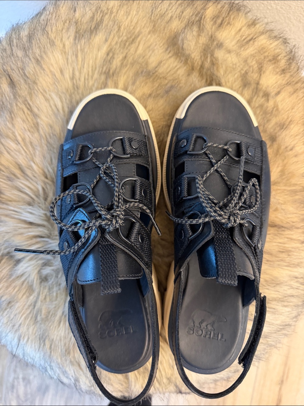 Sorel Black Leather Platform Slingback Sandals with White Lug Sole - Picture 3 of 5